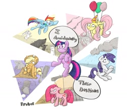 Size: 1400x1197 | Tagged: safe, artist:cider, derpibooru import, angel bunny, applejack, fluttershy, pinkie pie, rainbow dash, rarity, twilight sparkle, bear, earth pony, pegasus, pony, unicorn, magical mystery cure, balloon, mane six, pinkamena diane pie, rain, swapped cutie marks