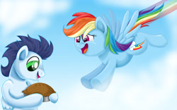 Size: 4000x2500 | Tagged: safe, artist:autumn-dreamscape, rainbow dash, soarin', pegasus, pony, drool, female, flying, male, pie, shipping, soarindash, straight, that pony sure does love pies