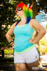 Size: 683x1024 | Tagged: safe, rainbow dash, human, 2013, anime weekend atlanta, clothes, cosplay, goggles, irl, irl human, photo, shorts, solo