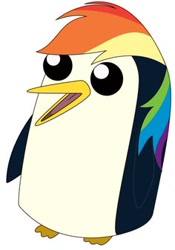 Size: 236x338 | Tagged: artist needed, safe, derpibooru import, rainbow dash, penguin, adventure time, fusion, gunter (adventure time), open mouth, rainbow hair, simple background, solo, vector, white background