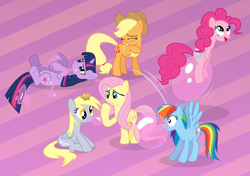 Size: 8515x6000 | Tagged: safe, artist:plsim, derpibooru import, applejack, derpy hooves, fluttershy, pinkie pie, rainbow dash, twilight sparkle, earth pony, pegasus, pony, absurd resolution, bouncing, bubblegum, female, food, gum, mare, muffin, pinkie being pinkie, pinkie physics