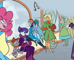 Size: 550x448 | Tagged: safe, artist:egophiliac, derpibooru import, applejack, fluttershy, pinkie pie, rainbow dash, rarity, spike, twilight sparkle, human, robot, airship, humanized, mane seven, mane six, steamquestria, wip