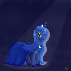 Size: 1500x1500 | Tagged: safe, artist:polkin, princess luna, alicorn, pony, clothes, dress, female, gala dress, looking at you, mare, smiling, solo, spotlight
