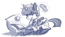 Size: 2157x1247 | Tagged: safe, artist:kam, twilight sparkle, twilight sparkle (alicorn), alicorn, pony, apple, book, comb, female, food, levitation, magic, mare, monochrome, pillow, prone, reading, solo, telekinesis