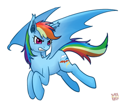 Size: 700x600 | Tagged: safe, artist:norang94, rainbow dash, bat pony, pony, bat ponified, fangs, hilarious in hindsight, race swap, rainbowbat, solo