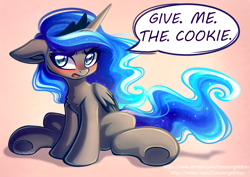 Size: 1414x1000 | Tagged: safe, artist:chaosangeldesu, princess luna, alicorn, pony, blushing, chest fluff, cute, female, floppy ears, hangry, hungry, lunabetes, mare, sitting, solo, speech bubble