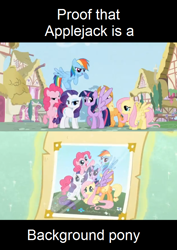 Size: 570x807 | Tagged: safe, derpibooru import, edit, screencap, applejack, fluttershy, pinkie pie, rainbow dash, rarity, twilight sparkle, earth pony, pegasus, pony, unicorn, abuse, background pony, background pony applejack, fake wings, intro, jackabuse, mane six, mane six opening poses, op is a cuck, op is trying to start shit, opening, tape, wings, wtf