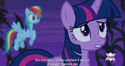 Size: 1152x608 | Tagged: safe, screencap, rainbow dash, twilight sparkle, twilight sparkle (alicorn), alicorn, pegasus, pony, bats!, female, mare, meme, youtube caption