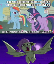 Size: 480x563 | Tagged: safe, edit, screencap, fluttershy, rainbow dash, twilight sparkle, bat pony, pony, bats!, swarm of the century, caption, deus ex twilight, drama, flutterbat, image macro, race swap