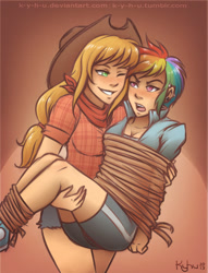 Size: 600x785 | Tagged: safe, artist:k-y-h-u, derpibooru import, applejack, rainbow dash, appledash, bondage, carrying, female, humanized, lesbian, piercing, rainbond dash, rope, shipping, smiling, tied up