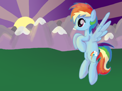 Size: 1600x1200 | Tagged: safe, artist:inkblu, derpibooru import, rainbow dash, pegasus, pony, mountain, mountain range, solo, sunrise