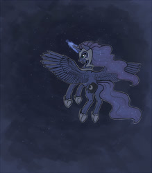 Size: 1300x1486 | Tagged: safe, artist:maytee, princess luna, alicorn, pony, armor, female, flying, glowing horn, helmet, horn, magic, mare, solo, space