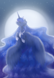 Size: 700x1000 | Tagged: safe, artist:brendalobinha, princess luna, alicorn, pony, crown, eyes closed, female, flying, impossibly long hair, impossibly long tail, jewelry, mare, moon, regalia, solo, stars, wings