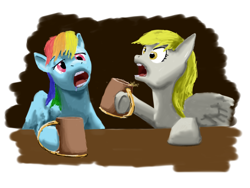 Size: 1600x1200 | Tagged: safe, artist:lemon-bitter-twist, derpibooru import, derpy hooves, rainbow dash, pegasus, pony, alcohol, drunk, drunker dash, female, horse noises, mare, meme, mug