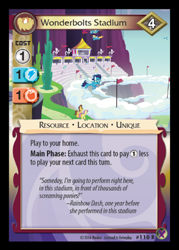 Size: 358x500 | Tagged: safe, derpibooru import, caramel, parasol, rainbow dash, soarin', pegasus, pony, rarity investigates, card, ccg, enterplay, marks in time, merchandise, quote, stadium, wonderbolts, wonderbolts stadium