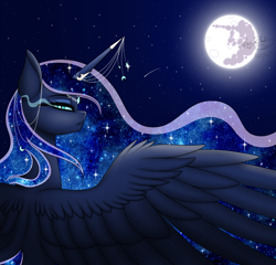 Size: 2400x2300 | Tagged: safe, artist:margo24, artist:minelvi, princess luna, alicorn, pony, collaboration, ethereal mane, female, full moon, galaxy mane, high res, horn, horn jewelry, jewelry, looking at you, mare, mare in the moon, moon, night, profile, rear view, regalia, shooting star, sky, slit eyes, solo, spread wings, starry mane, starry night, stars, wings