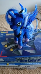 Size: 1152x2048 | Tagged: safe, princess luna, alicorn, pony, female, hoof shoes, irl, japanese, mare, messy mane, peytral, photo, plane, plushie, solo, text, toy