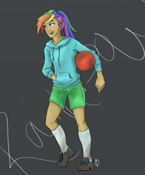 Size: 1440x1728 | Tagged: safe, artist:huckleberrypony, derpibooru import, rainbow dash, human, basketball, clothes, hoodie, humanized, knee high socks, shorts, solo