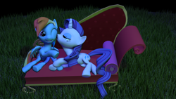 Size: 1280x720 | Tagged: safe, artist:zeb, derpibooru exclusive, derpibooru import, rainbow dash, rarity, pegasus, pony, unicorn, 3d, female, fireworks, kiss on the cheek, kissing, lesbian, raridash, shipping, sofa, source filmmaker