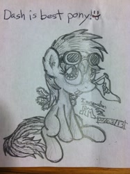 Size: 1024x1371 | Tagged: safe, artist:inurantchan, rainbow dash, pegasus, pony, best pony, filly, filly rainbow dash, flag, goggles, monochrome, mouth hold, solo, traditional art, younger
