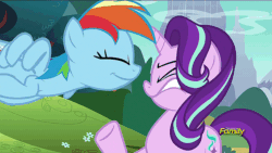 Size: 960x540 | Tagged: safe, derpibooru import, screencap, rainbow dash, starlight glimmer, pegasus, pony, no second prances, animated, discovery family logo, loop, spit on face, spitting