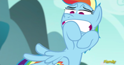 Size: 1316x694 | Tagged: safe, derpibooru import, screencap, rainbow dash, pegasus, pony, no second prances, discovery family logo, faic, funny face, solo