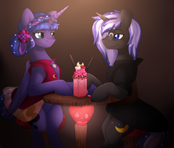 Size: 2000x1700 | Tagged: safe, princess luna, oc, oc:nightshadow, alicorn, pony, bar, canon x oc, clothes, couple, date, dress, milkshake, romance, romantic, suit