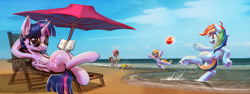 Size: 3600x1350 | Tagged: safe, artist:blackgryph0n, artist:studlyhorn, artist:vitaj, derpibooru import, rainbow dash, twilight sparkle, twilight sparkle (alicorn), oc, oc:princess pomerania, alicorn, pegasus, pony, collaboration, armpits, beach, beach ball, beach chair, book, female, mare, ocean, open mouth, reading, relaxing, sand, scenery, summer, sunglasses, umbrella