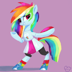 Size: 3000x3000 | Tagged: dead source, safe, artist:aaplepieeru, rainbow dash, pegasus, pony, abstract background, bipedal, clothes, equestria girls outfit, female, high res, looking at you, mare, rainbow socks, shoes, simple background, skirt, sneakers, socks, solo, striped socks, underhoof, wingless
