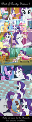 Size: 1424x5305 | Tagged: safe, derpibooru import, edit, edited screencap, screencap, applejack, fluttershy, pinkie pie, rainbow dash, rarity, spike, sweetie belle, twilight sparkle, dragon, earth pony, pegasus, pony, unicorn, games ponies play, magical mystery cure, sleepless in ponyville, the crystal empire, bipedal, clothes, comic, dress, fainting couch, hair pulling, head pat, holding, holding a dragon, luggage, mane seven, mane six, pat, rarity tugs her mane, scarf, screencap comic, snow, squishy cheeks, swapped cutie marks, sweat, sweating profusely, what my cutie mark is telling me