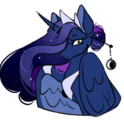 Size: 1280x1280 | Tagged: safe, artist:gnomehuts, princess luna, alicorn, pony, alternate design, alternate eye color, crown, cute, ethereal mane, female, flowing mane, hair bun, jewelry, lunabetes, mare, peytral, regalia, simple background, sketch, solo, starry mane, white background