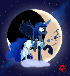 Size: 2500x2700 | Tagged: safe, artist:darkprinceismyname, princess luna, alicorn, pony, arrow, artemis luna, bow (weapon), bow and arrow, clothes, cloud, crescent moon, dress, female, levitation, magic, moon, one hoof raised, solo, telekinesis, weapon