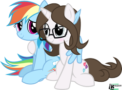 Size: 1280x950 | Tagged: safe, artist:nxzc88, derpibooru import, rainbow dash, oc, oc:pyrisa miracles, pegasus, pony, blushing, canon x oc, feather, female, glasses, hug, lesbian, shipping, show accurate, simple background, transparent background, vector, winghug