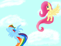 Size: 2540x1905 | Tagged: safe, artist:silversthreads, derpibooru import, fluttershy, rainbow dash, pegasus, pony, cloud, female, flying, mare, sky