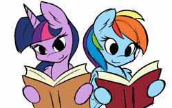 Size: 662x417 | Tagged: source needed, safe, artist:ambris, rainbow dash, twilight sparkle, twilight sparkle (alicorn), alicorn, pegasus, pony, book, female, mare, reading