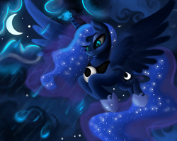 Size: 2500x2000 | Tagged: safe, artist:plavanda87, princess luna, alicorn, pony, crescent moon, female, flying, glowing horn, high res, horn, mare, moon, night, rain, sky, solo, spread wings, stars, wings