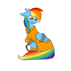 Size: 1024x1024 | Tagged: safe, artist:dj-xol, rainbow dash, pegasus, pony, bound wings, clothes, prison outfit, prisoner rd, sad, shackles, solo