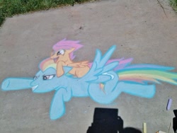 Size: 500x375 | Tagged: safe, rainbow dash, scootaloo, pegasus, pony, blue coat, chalk, female, mare, multicolored mane