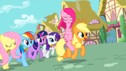 Size: 960x540 | Tagged: safe, derpibooru import, screencap, applejack, fluttershy, pinkie pie, rainbow dash, rarity, twilight sparkle, earth pony, pegasus, pony, unicorn, magical mystery cure, :o, a true true friend, animated, cute, elements of harmony, female, freckles, gif, mane six, mare, open mouth, pinkamena diane pie, ponies riding ponies, riding, smiling, swapped cutie marks, talking, trotting