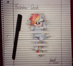 Size: 1710x1536 | Tagged: safe, artist:janadashie, derpibooru import, rainbow dash, pegasus, pony, blinds, blushing, eye clipping through hair, female, fourth wall, lined paper, looking at you, mare, pen, rainbow crash, solo, stuck, traditional art, underhoof