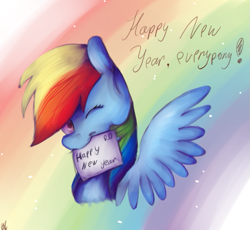 Size: 597x549 | Tagged: artist needed, safe, rainbow dash, pegasus, pony, happy new year, mouth hold, sign, solo, wink