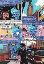 Size: 2078x2980 | Tagged: safe, artist:newyorkx3, princess luna, oc, oc:tommy, alicorn, human, pony, comic:young days, comic, flying, food, ice cream, s1 luna, traditional art, walking