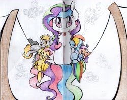 Size: 3728x2935 | Tagged: safe, artist:cutepencilcase, derpibooru import, derpy hooves, fluttershy, princess celestia, rainbow dash, scootaloo, alicorn, pegasus, pony, behaving like a bird, female, for the birds, mare, parody, pixar, tongue out, traditional art, wires