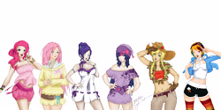 Size: 5000x2500 | Tagged: safe, artist:luanya, derpibooru import, applejack, fluttershy, pinkie pie, rainbow dash, rarity, twilight sparkle, belly button, clothes, dress, front knot midriff, german dash, humanized, mane six, midriff