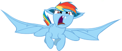 Size: 1597x675 | Tagged: safe, artist:batbow, rainbow dash, bat pony, pony, bats!, bat ponified, fangs, flying, glare, open mouth, race swap, rainbowbat, simple background, solo, spread wings