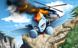 Size: 1920x1200 | Tagged: safe, artist:supermare, derpibooru import, rainbow dash, pegasus, pony, badass, canyon, clothes, crossover, eidos interactive, fire, flying, helicopter, just cause, just cause 3, necklace, pendant, solo