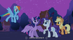 Size: 764x424 | Tagged: safe, derpibooru import, screencap, applejack, rainbow dash, rarity, twilight sparkle, twilight sparkle (alicorn), alicorn, earth pony, pegasus, pony, unicorn, magical mystery cure, wings, youtube caption