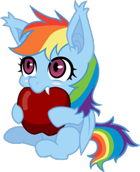 Size: 2307x2846 | Tagged: safe, artist:norang94, artist:owlisun, edit, rainbow dash, bat pony, pony, apple, bat ponified, cute, dashabetes, filly, filly rainbow dash, race swap, rainbowbat, recolor, simple background, solo, transparent background