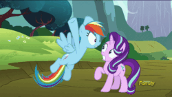 Size: 960x540 | Tagged: dead source, safe, derpibooru import, screencap, rainbow dash, starlight glimmer, pegasus, pony, unicorn, no second prances, animated, discovery family logo, dragon mountain, eyes closed, female, flying, frown, gritted teeth, head scratch, mare, one eye closed, open mouth, pegasus master race, raised eyebrow, raised hoof, raised leg, scratching, shockwave, smiling, sonic boom, spread wings, talking, wide eyes, windswept mane, wings, wink