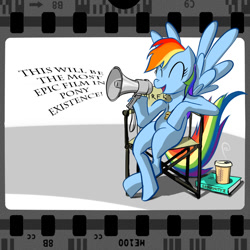 Size: 800x800 | Tagged: safe, artist:mozakiaeolus, rainbow dash, pegasus, pony, chair, dialogue, director, director's chair, megaphone, solo